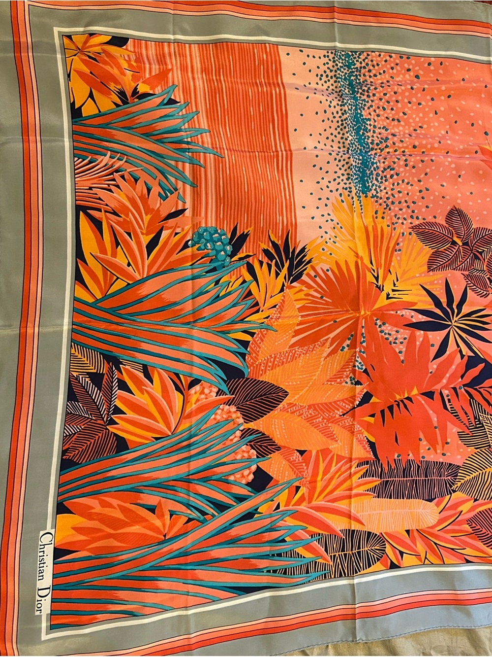 Dior Tropical Print Silk Scarf in Coral, Teal, Orange